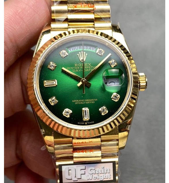 Day Date 128238 Gain Weight YG QF 1:1 Best Edition Green Dial Diamond Markers on YG President Bracelet