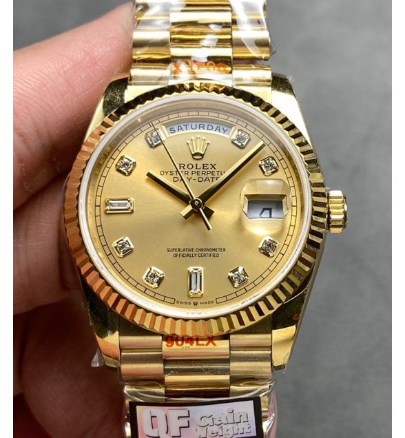 Day Date 128238 Gain Weight YG QF 1:1 Best Edition Gold Dial Diamond Markers on YG President Bracelet
