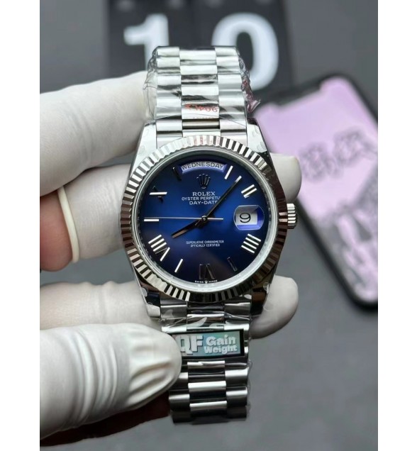 Day Date 128239 Gain Weight SS QF 1:1 Best Edition Blue Dial Roman Markers on SS President Bracelet