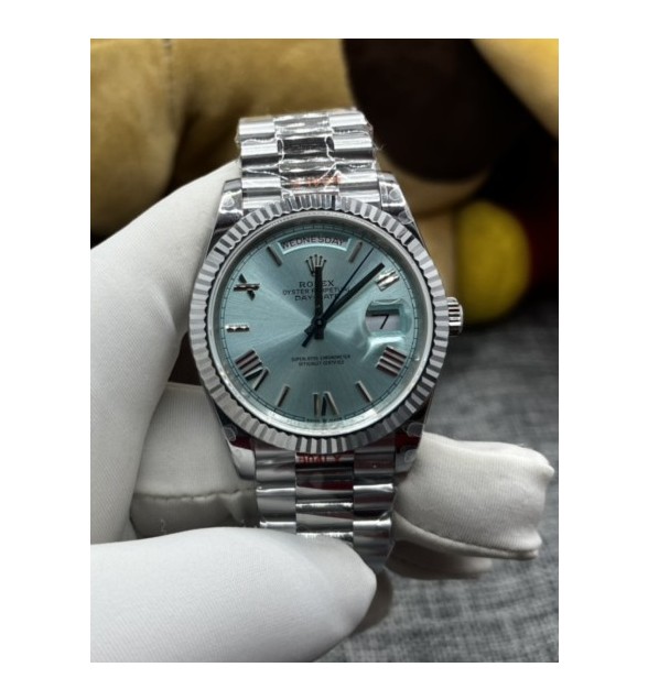 Day Date 128239 Gain Weight SS QF 1:1 Best Edition Ice Blue Dial Roman Markers on SS President Bracelet