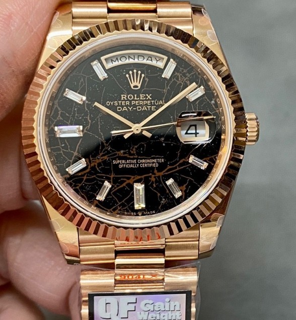 Day Date 228235 40mm 904L RG QF Gain Weight Black Hematite Quartz T Dia Markers on RG President Bracelet A2836