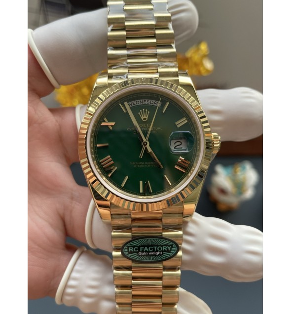 Day Date 128238 40mm Gain Weight YG RCF 1:1 Best Edition Green Dial Roman Markers on YG President Bracelet Asian Super Clone 3255