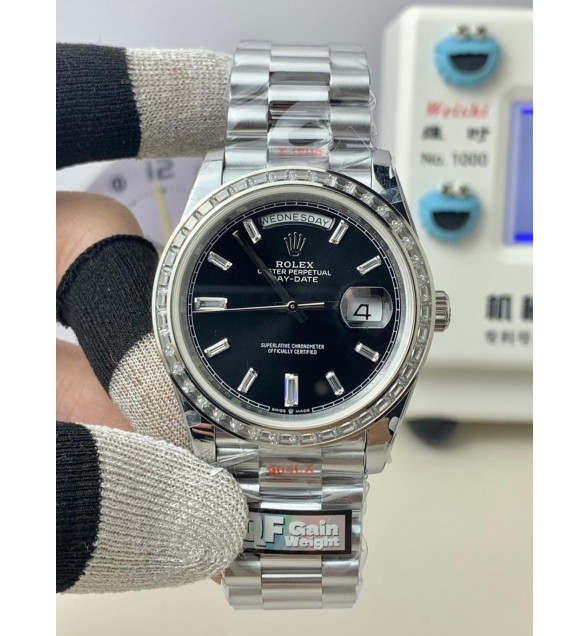 Day Date 228239 40mm 904L SS QF Gain Weight 1:1 Best Edition T Diamond Bezel Black Dial on SS Bracelet A2836