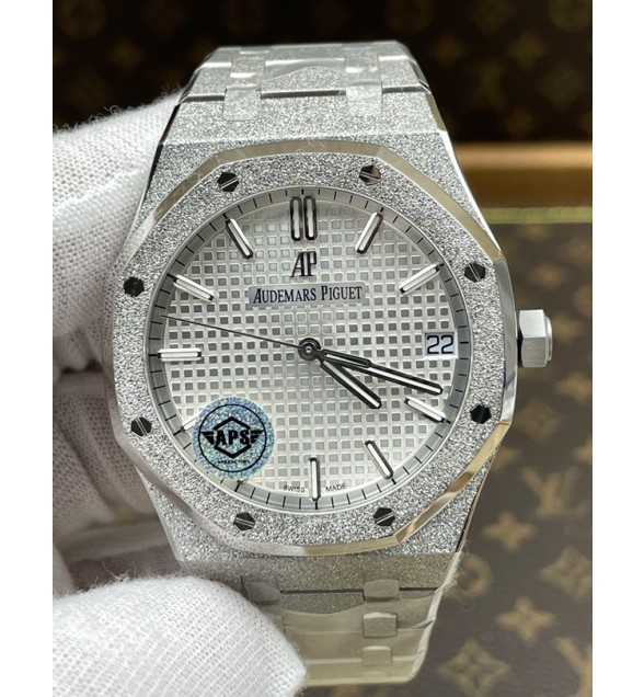 Royal Oak 41mm 15500 Frosted SS APSF 1:1 Best Edition White Textured Dial on SS Bracelet SA4302 Super Clone