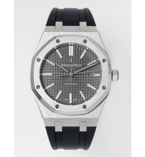ROYAL OAK 41MM 15400 SS APSF 1:1 BEST EDITION GRAY TEXTURED DIAL ON BLACK RUBBER STRAP SA3120 SUPER CLONE V3