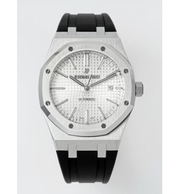 ROYAL OAK 41MM 15400 SS APSF 1:1 BEST EDITION WHITE TEXTURED DIAL ON BLACK RUBBER STRAP SA3120 SUPER CLONE V3