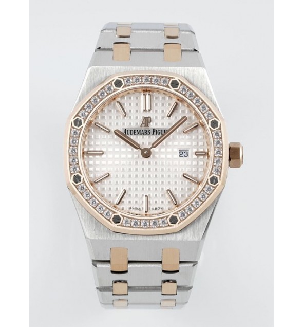Lady Royal Oak 33mm 67651 Diamonds bezel SS/RG ZF 1:1 Best Edition White Textured Dial on SS/RG Bracelet RONDA Quartz