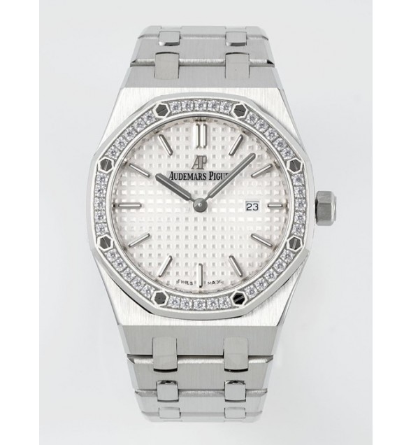 Lady Royal Oak 33mm 67651 Diamonds SS ZF 1:1 Best Edition White Textured Dial on SS Bracelet RONDA Quartz