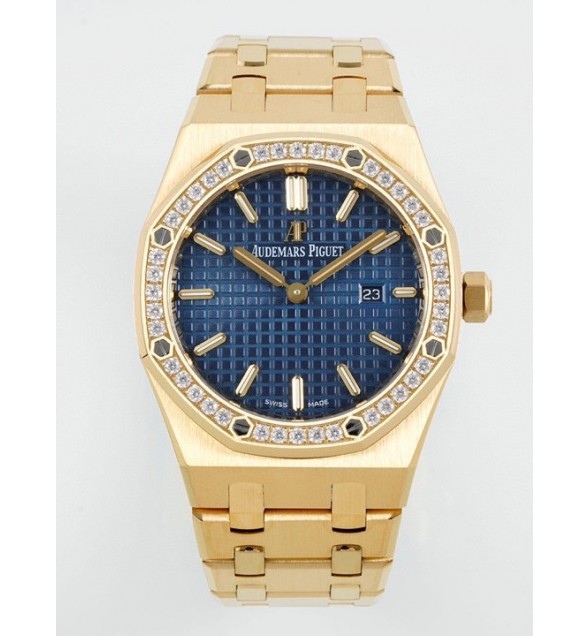 Lady Royal Oak 33mm 67651 Diamonds Bezel YG ZF 1:1 Best Edition Blue Textured Dial on YG Bracelet RONDA Quartz