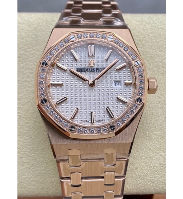 Lady Royal Oak 33mm 67651 Diamonds Bezel RG ZF 1:1 Best Edition White Textured Dial on RG Bracelet RONDA Quartz