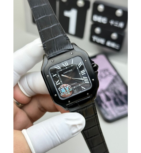 Santos de Cartier 40mm BVF 1:1 Best Edition Black Dial on Black Leather Strap MIYOTA 9015