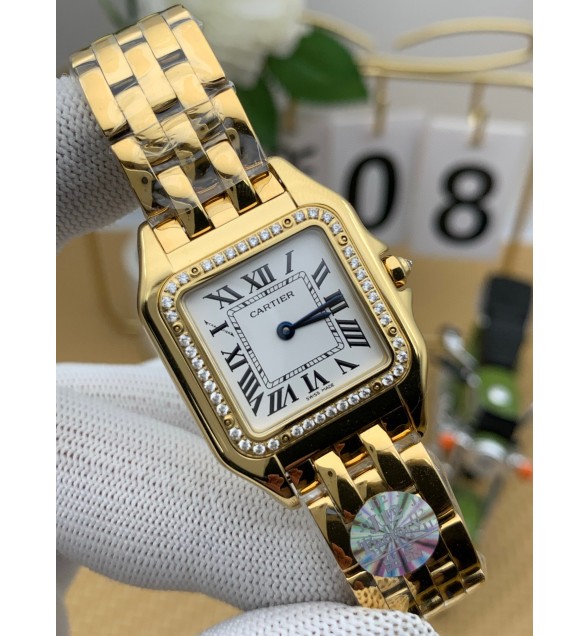 Panthère Secrete Ladies 27mm(M) YG BV(J12)F 1:1 Best Edition White Dial Diamonds Bezel on YG Bracelet Ronda Quartz