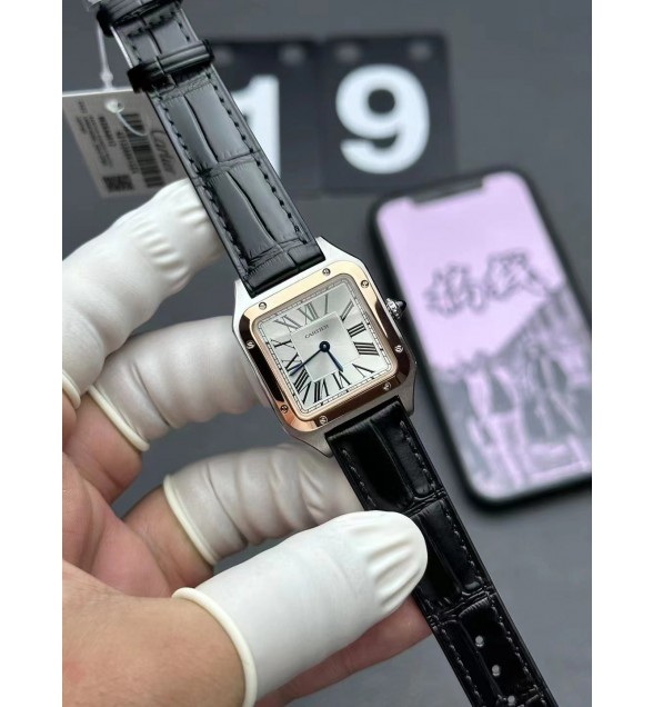 Santos Dumont 27.5mm SS/RG F1 1:1 Best Edition Silver Dial on Black Leather Strap A157