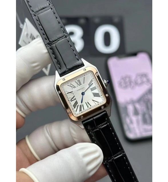 Santos Dumont 31.4mm SS/RG F1 1:1 Best Edition Silver Dial on Black Leather Strap A157