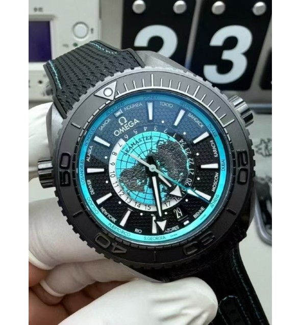 Planet Ocean 45.5mm GMT Worldtimer Real Ceramic VSF 1:1 Best Edition Black/blue Dial On Black Rubber Strap Super Clone 8938
