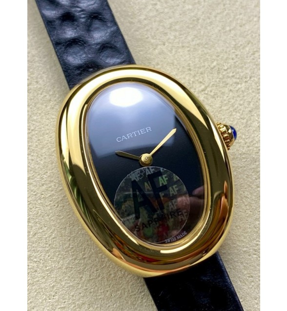 Baignoire De Cartier YG AF 1:1 Best Edition Black Dial on Black Leather Strap Ronda Quartz (Small)