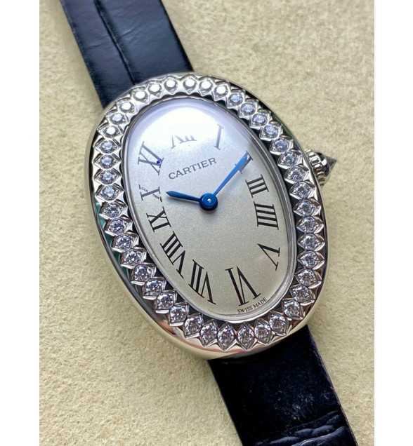 Baignoire De Cartier Diamond Bezel AF 1:1 Best Edition Silver Dial on Black Leather Strap Ronda Quartz (Small)