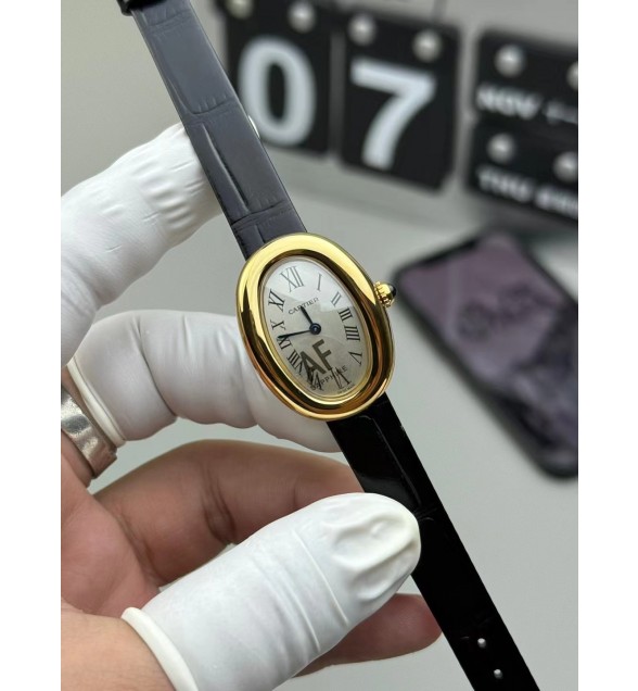 Baignoire De Cartier YG AF 1:1 Best Edition Silver Dial on Black Leather Strap Ronda Quartz (Mini)