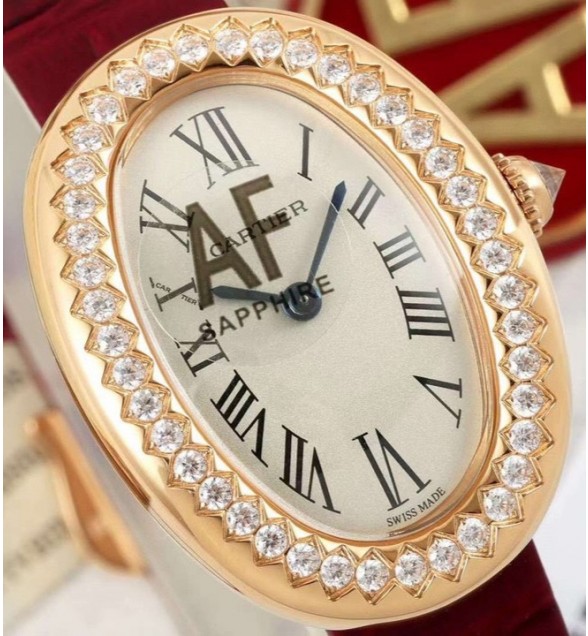 Baignoire De Cartier RG AF 1:1 Best Edition Silver Dial Diamonds Bezel on Red Leather Strap Ronda Quartz