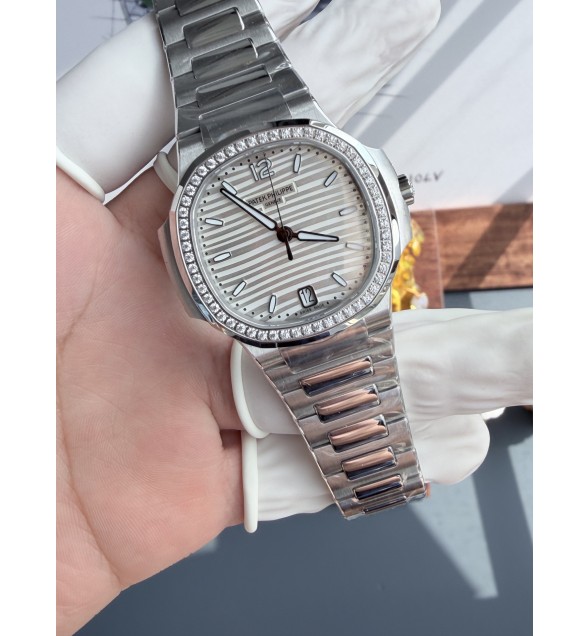 NAUTILUS 7118 LADIES SS DDF 1:1 BEST EDITION WHITE DIAL DIAMONDS BEZEL ON SS BRACELET DD324 SUPER CLONE