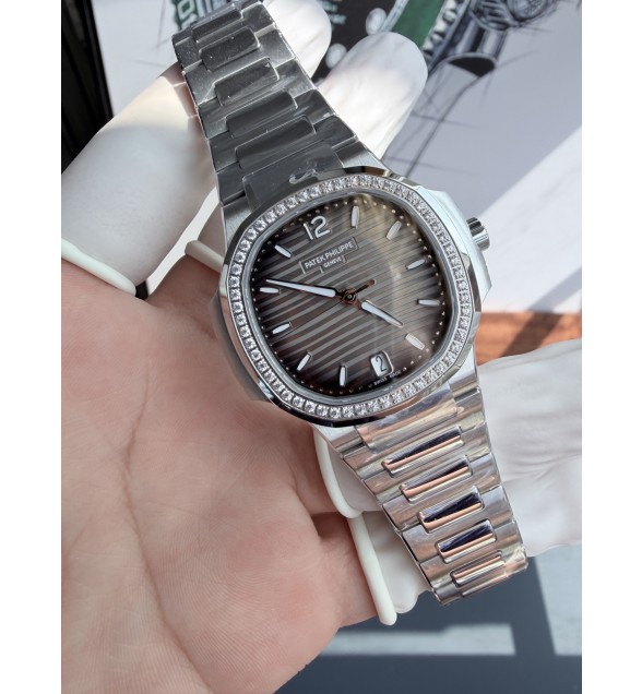 NAUTILUS 7118 LADIES SS DDF 1:1 BEST EDITION BROWN DIAL DIAMONDS BEZEL ON SS BRACELET DD324 SUPER CLONE